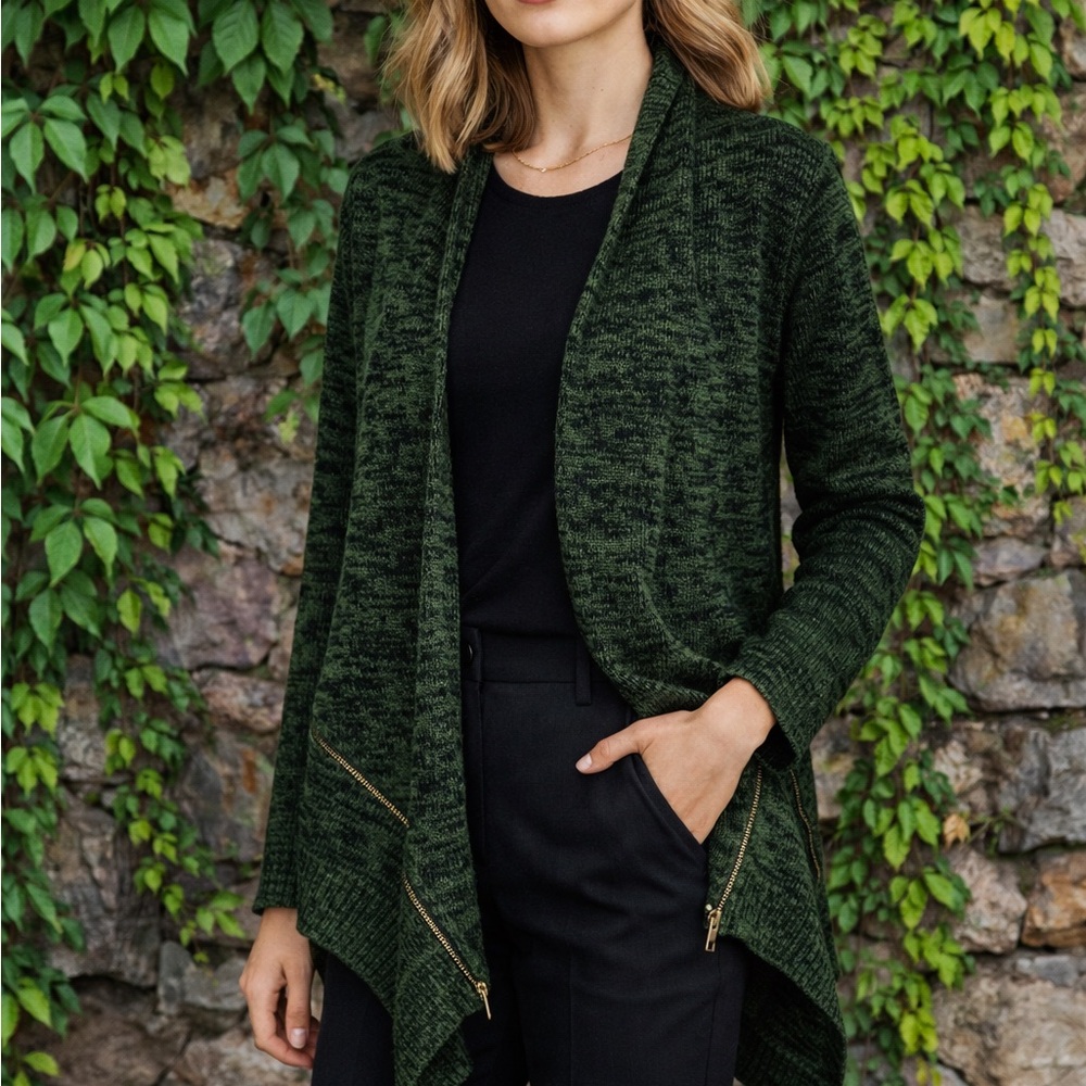 EMILY ROSE Bohemian Layering Marled Green Open Handkerchief Hem Cardigan, S